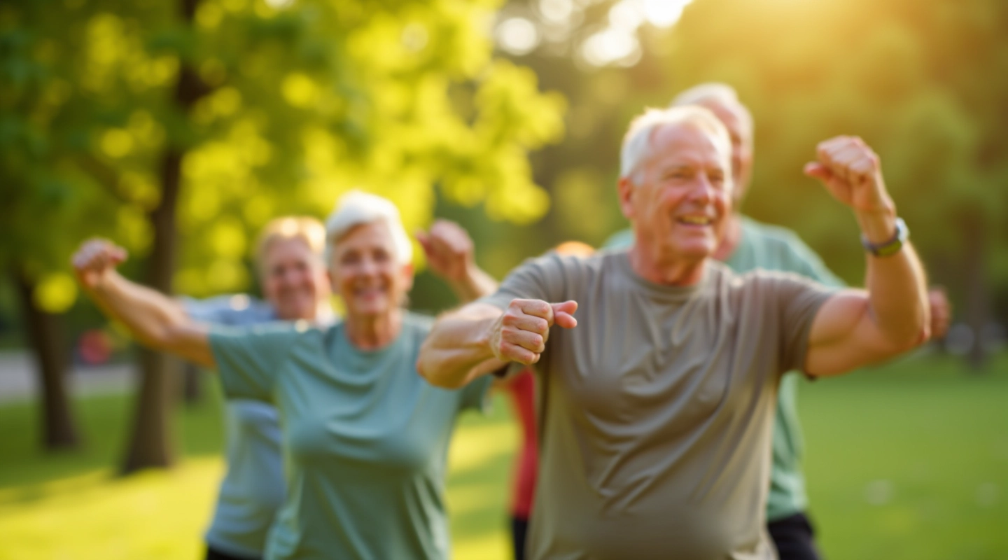 Seniori dara stiepšanās vingrojumus parkā
