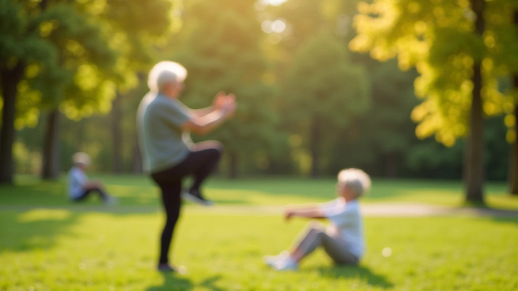 Seniore veic stiepšanās vingrojumus parkā, vienkāršas pozas